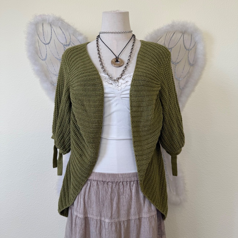 Indie Grunge Boho Cardigan Sweater Olive Green Knit‎ Dolman Sleeve Puff Sleeve